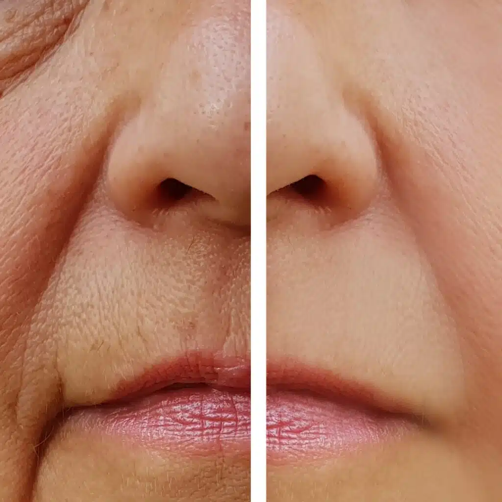 A person showing their Nasolabial Fold Restylane treatment
